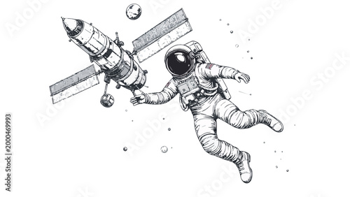 Astronaut floating in space near orbital station