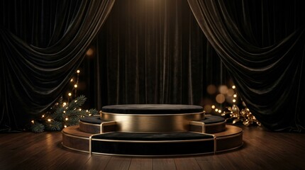 Black velvet curtain background with empty stage table platform, luxury product showcase podium for Black Friday, Christmas or New Year sale promotion, no logos