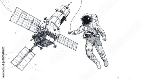 Astronaut floating by satellite performing spacewalk