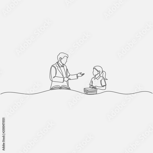 Teacher instructing student one line drawing, education concept