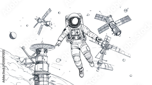 Astronaut floating in space with satellites surrounding