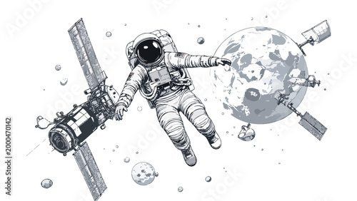 Astronaut floating in space exploring a lunar orbit