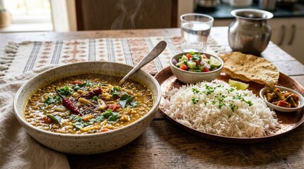 Comforting Indian lentil dal curry with basmati rice and fresh herbs, traditional vegetarian meal, warm spices and hearty texture, no logos