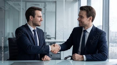 Two businessmen shaking hands in a modern office space with glass walls and city view