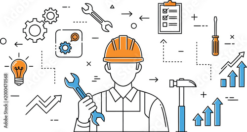 Industrial worker icons, engineering symbols, tools, and business charts, vector illustration