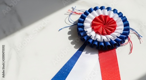Minimalist Bastille Day Flat Lay Featuring a French Tricolor Silk Rosette Cockade on White Marble Surface, Elegant French National Day Concept Wallpaper