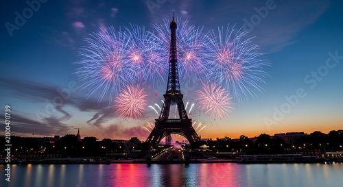 Bastille Day Celebration in Paris with Eiffel Tower Silhouette and Vibrant Red and Blue Fireworks Exploding in a Crisp Night Sky at Twilight
