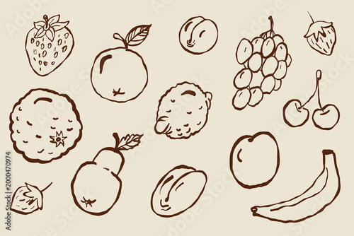 Set of handdrawn fruits with brush weak vibration in Adobe Fresco - strawberry, grape, wild strawberry, pear, plum, orange, lemon, peach, nectarine,banana.