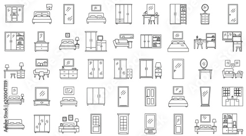 Furniture and interior design line icons set vector collection of home decor elements including bed, wardrobe, desk, mirror, door and sofa