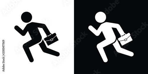 Vector icon of a businessman running while carrying a briefcase. Symbolizes rushing, meeting a deadline, professional success, or career pace. Simple black and white isolated design for business theme