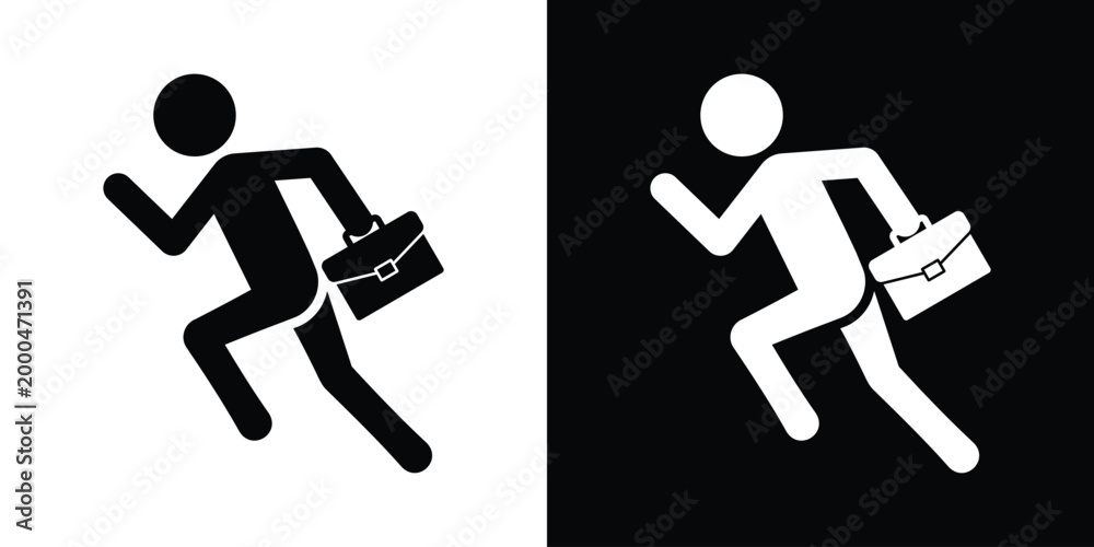 Fototapeta premium Vector icon of a businessman running while carrying a briefcase. Symbolizes rushing, meeting a deadline, professional success, or career pace. Simple black and white isolated design for business theme