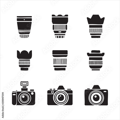 Photography equipment icon set including professional dslr lenses and camera bodies in solid silhouette.