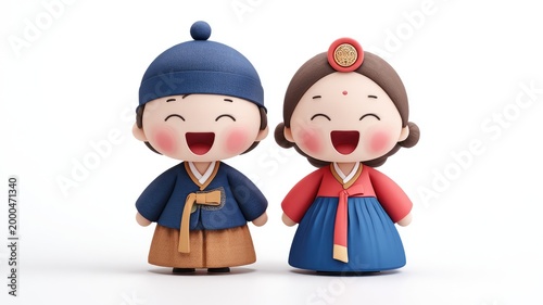 Exquisitely Detailed 3D Korean Dolls Laughing in Traditional Hanbok