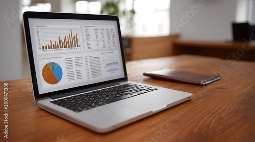 Detailed view of a laptop screen displaying a comprehensive business analytics dashboard for professional data analysis on a modern wooden desk