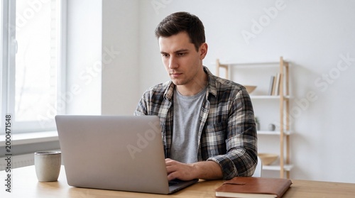Young man working on laptop at wooden desk in modern home office with bookshelf and window