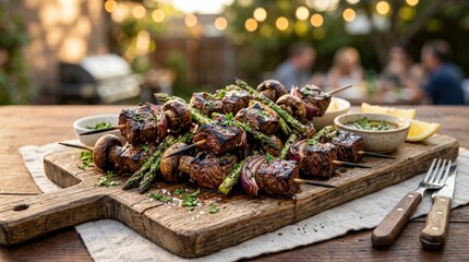 Grilled meat and vegetable skewers with asparagus and mushrooms, savory barbecue dish with charred texture and fresh ingredients, rustic serving style, warm light, appetizing food close up, no logos