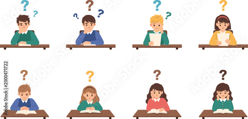 Confused Student Character Collection Featuring Kids Thinking with Question Marks in Classroom Setting for Education, Learning, Problem Solving, and School Design Concepts
