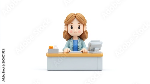 Focused 3D Female Cashier Character at a Modern Desk on a White Background
