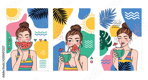 Summer vacation girl vector set, young woman eating watermelon and drinking coconut cocktail, tropical beach holiday illustrations with palm leaves isolated PNG with Transparent Background