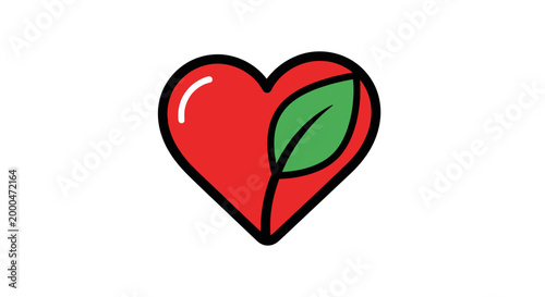 Red Heart with Green Leaf Vector Illustration