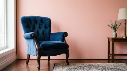Classic blue armchair on pink background, vintage furniture centerpiece with elegant curves and open copy space, studio lighting, realistic detail, no logos