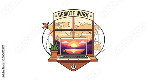 Remote Work Laptop Sunset Vector Illustration