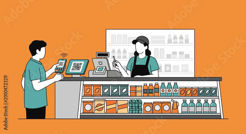 retail checkout scene with customer paying via smartphone