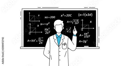 scientist explaining math equations on blackboard