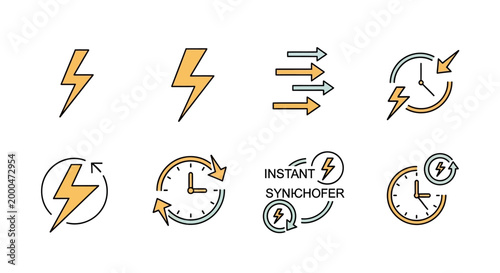 Set of Eight Vector Icons Featuring Lightning, Arrows, Clocks, and Cyclical Symbols