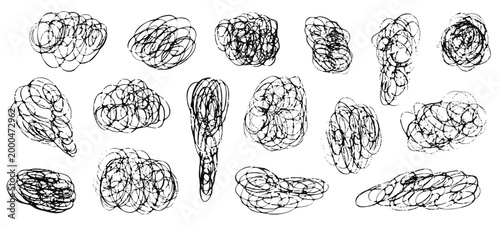 Sketch squiggle swoosh texture set of vector hand drawn black messy swirl lines, scribble strokes, knots, crayon curves for mental struggling concept, chaotic way direction, strikethrough symbol
