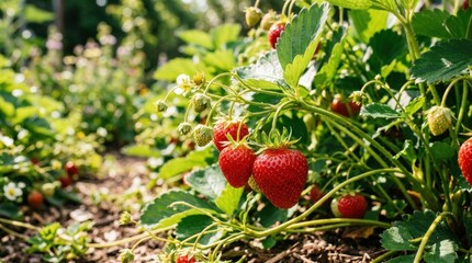 Fresh red strawberries on vine in sunlit garden close up, ripe berry harvest detail, natural outdoor freshness and soft bokeh, no logos