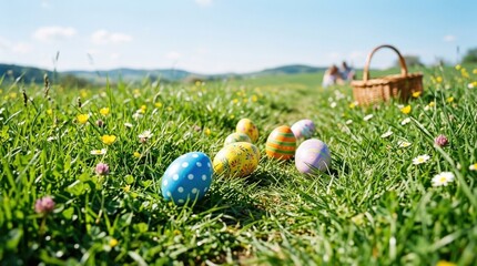 Colorful decorated Easter eggs rolling in sunny green meadow, spring holiday celebration, cheerful seasonal scene, fresh grass and bright daylight, festive family-friendly atmosphere, no logos