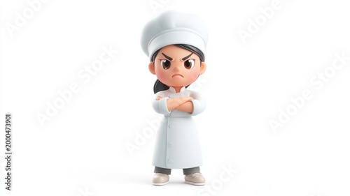 Furious 3D Female Chef with Arms Crossed and a Stern Gaze