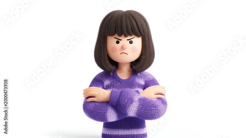 Furious 3D Character with Crossed Arms and an Angry Frown in a Purple Sweater