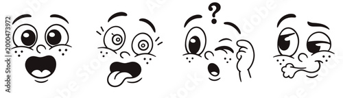 A row of cartoon faces depicting surprise, question, shock, disgust, and silly reactions. Minimalist black outline style on white. Perfect for comics and emoji design.
