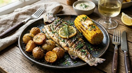 Delicious grilled fish with corn on the cob and roasted potatoes, wholesome seafood dinner plated with rustic sides, fresh herbs and golden texture, appetizing close up, warm natural light, no logos