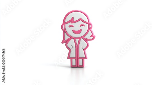 Glossy 3D Icon of a Confident Smiling Woman in Pink and White on a Reflective Surface