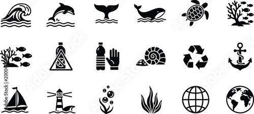Nautical and marine life icons a collection of black silhouette illustrations