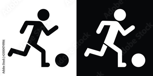 Vector graphic of a person running and dribbling a soccer ball. Represents football, sports training, or team games. Clean, simple black and white icon design perfect for sports-related projects.