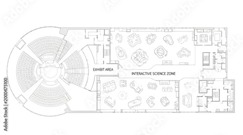 Architectural floor plan of a science museum featuring an exhibit area, interactive science zone, and a large circular auditorium with tiered seating