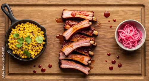 Top Down Flat Lay of Smoked BBQ Spareribs on Rustic Wood with Golden Corn and Pickled Red Onions for National Barbecued Spareribs Day