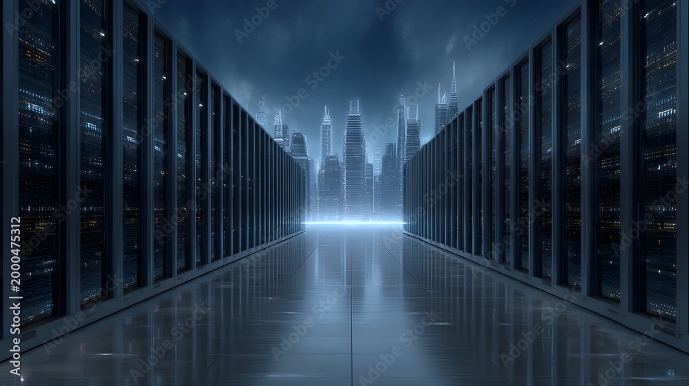 Fototapeta premium A dramatic perspective view down a modern glowing server corridor leading toward a futuristic city skyline