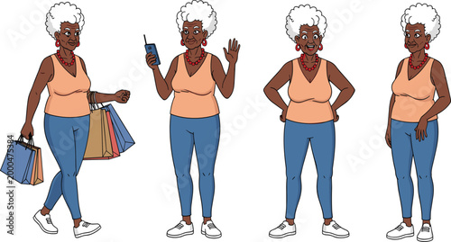 Senior Woman Character Set with Different Poses Including Shopping Talking and Standing for Lifestyle Illustration, Aging Concept, and Daily Activity Design Projects.