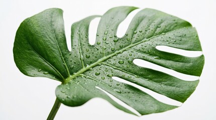 Large green tropical leaf with water droplets on a white background, fresh botanical close up with clean natural texture and minimal composition, soft studio light, no logos