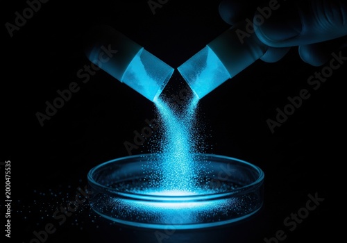 Gloved hand pours glowing blue powder from capsules into petri dish