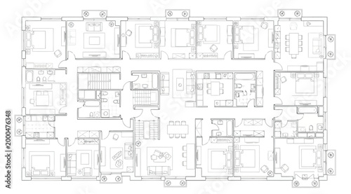Detailed architectural floor plan of a multiunit residential apartment building showing various apartment layouts with bedrooms and living areas