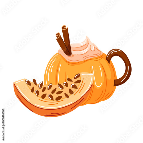 Pumpkin spice latte in a coffee cup made of pumpkin with cinnamon stick and a slice of pumpkin in cartoon. Autumn season food and drink. Vector illustration.