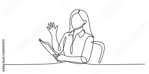Business woman waving hand while holding paper document