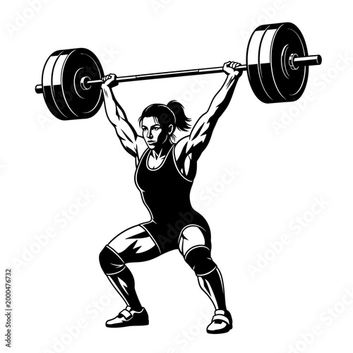 Female weightlifter lifting heavy barbell overhead in gym, strength training, fitness, bodybuilding