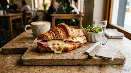 Delicious ham and cheese croissant sandwich on a wooden cutting board, flaky pastry breakfast concept with melted filling and rustic cafe styling, natural light, realistic food detail, no logos